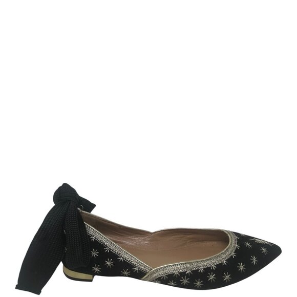 Aquazzura Bliss Black Suede Gold Embroidered Stars Ankle Wrap Ballet Flats 11 - Picture 2 of 13